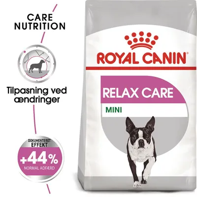 ROYAL CANIN RELAX CARE MINI hundefoder, tekst: Tilpasning ved ændringer, dokumenteret effekt +44 % normal adfærd, Care Nutrition. Billede af lille sort-hvid hund på posen.