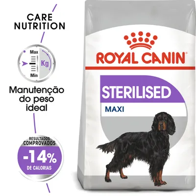 Royal Canin STERILISED MAXI, manutenção do peso ideal, resultados comprovados: -14 % de calorias. Embalagem com imagem de cão grande preto.