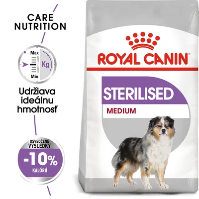 Royal Canin STERILISED MEDIUM, udržiava ideálnu hmotnosť, osvedčené výsledky -10 % kalórií. Balenie s obrázkom psa.