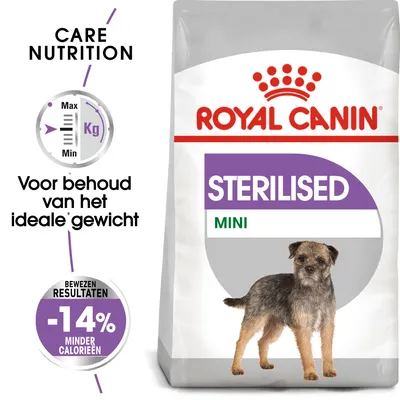 Royal Canin Sterilised Mini hondenvoer, tekst: Voor behoud van het ideale gewicht, bewezen resultaten -14% minder calorieën, afbeelding kleine hond op verpakking.
