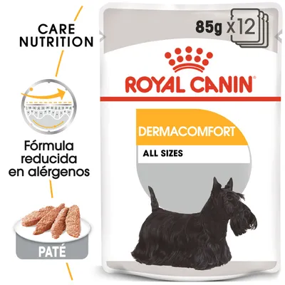 Royal Canin Dermacomfort All Sizes, pack de 12 sobres de 85 g. Fórmula reducida en alérgenos, paté para perros. Texto visible: CARE NUTRITION.