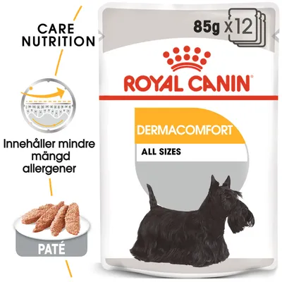 Royal Canin Dermacomfort All Sizes, 85 g x12. Innehåller mindre mängd allergener. Paté. Bild på svart hund och patébitar. Care Nutrition. Royal Canin Dermacomfort All Sizes, 85 g x12. Innehåller mindre mängd allergener. Paté. Bild på svart hund och patébitar. Care Nutrition.