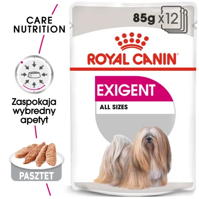 ROYAL CANIN EXIGENT ALL SIZES, 85 g x12, pasztet. Zaspokaja wybredny apetyt. Care Nutrition. Opakowanie z wizerunkiem psa długowłosego.