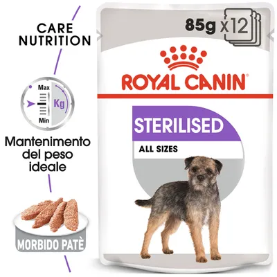 Royal Canin Sterilised All Sizes, 85 g x12. Mantenimento del peso ideale, morbido patè. Immagine di un cane su confezione. Testo in inglese e italiano visibile.