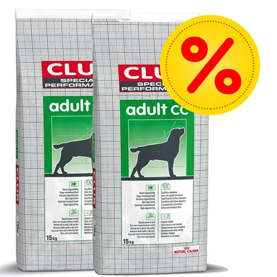 2 sacos de pienso Royal Canin Club Special Performance adult cc para perros, 15 kg cada uno. Etiqueta verde con silueta de perro y símbolo de porcentaje en círculo amarillo.