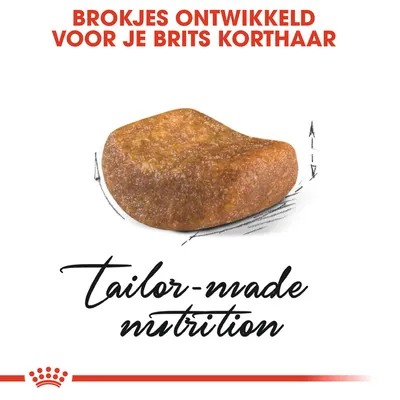 Brokjes ontwikkeld voor je Brits Korthaar. Tekst: tailor-made nutrition. Afbeelding van een enkele brok kattenvoer.