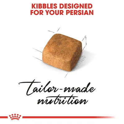 Текст на английском: KIBBLES DESIGNED FOR YOUR PERSIAN, tailor-made nutrition. Изображение одной гранулы корма квадратной формы.