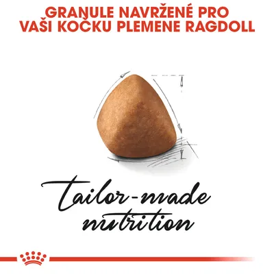 GRANULE NAVRŽENÉ PRO VAŠI KOČKU PLEMENE RAGDOLL, tailor-made nutrition, zobrazení jedné granule s náčrtem tvaru.