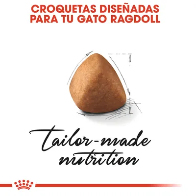Croquetas diseñadas para tu gato Ragdoll. Texto en inglés: tailor-made nutrition. Imagen de una croqueta marrón con boceto de líneas alrededor.