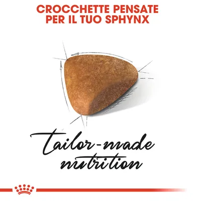 CROCCHETTE PENSATE PER IL TUO SPHYNX. tailor-made nutrition. Immagine di una crocchetta triangolare con schizzi tecnici attorno.