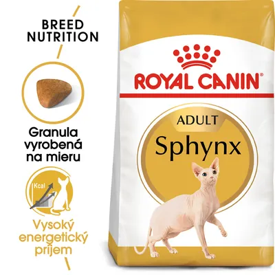 Royal Canin Adult Sphynx, granula vyrobená na mieru, vysoký energetický príjem. Balenie s obrázkom mačky Sphynx a detailom tvaru granuly.