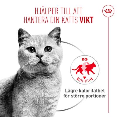 Hjälper till att kontrollera din katts vikt. Lägre kaloritäthet för större portioner.