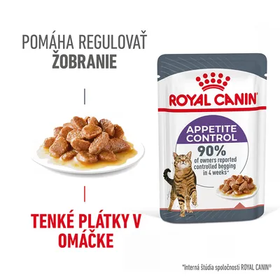 ROYAL CANIN Appetite Control kapsička pre mačky, tenké plátky v omáčke. Pomáha regulovať žobranie. 90 % majiteľov uvádza kontrolu žobrania za 4 týždne. Text v angličtine.