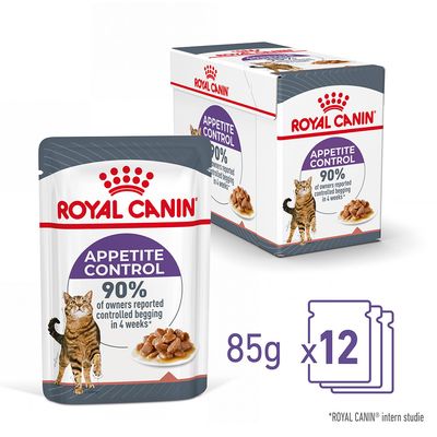 Royal Canin Appetite Control, 85 g x 12. Text: 90% of owners reported controlled begging in 4 weeks*. Bild på katt och våtfoder. *ROYAL CANIN intern studie.