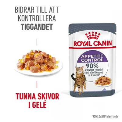 Royal Canin Appetite Control våtfoder för katt, tunna skivor i gelé. Text: Bidrar till att kontrollera tiggandet. 90 % av ägare rapporterade kontrollerat tiggande på 4 veckor.