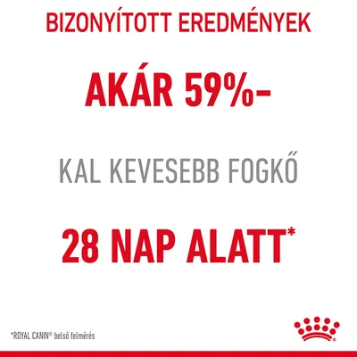 BIZONYÍTOTT EREDMÉNYEK: AKÁR 59%-KAL KEVESEBB FOGKŐ 28 NAP ALATT*. *ROYAL CANIN belső felmérés