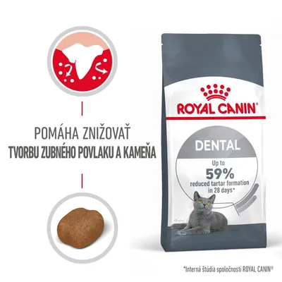 Royal Canin Dental krmivo pre mačky, nápis: Pomáha znižovať tvorbu zubného povlaku a kameňa, až o 59 % za 28 dní. Zobrazené granule a ilustrácia zuba.