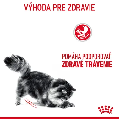 Výhoda pre zdravie. Pomáha podporovať zdravé trávenie. Obrázok mačky a červený symbol s mačkou. Text v slovenčine.