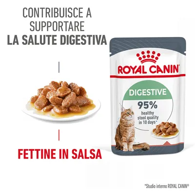 ROYAL CANIN Digestive, fettine in salsa per gatti. Testo visibile: contribuisce a supportare la salute digestiva, 95% healthy stool quality in 10 days, fettine in salsa.