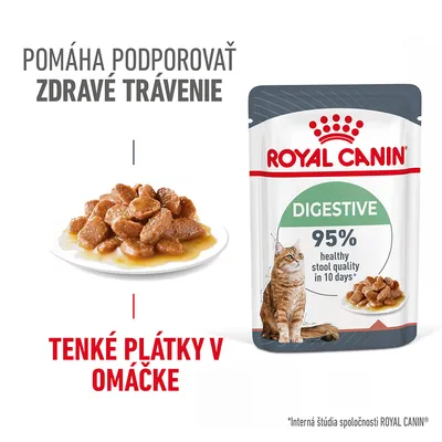 ROYAL CANIN Digestive, tenké plátky v omáčke pre mačky. Pomáha podporovať zdravé trávenie. 95 % healthy stool quality in 10 days. Balenie a porcia krmiva na tanieri.