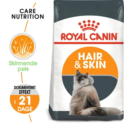 Royal Canin Hair & Skin kattefoder, tekst: CARE NUTRITION, Skinnende pels, Dokumenteret effekt i 21 dage. Billede af langhåret kat på posen.