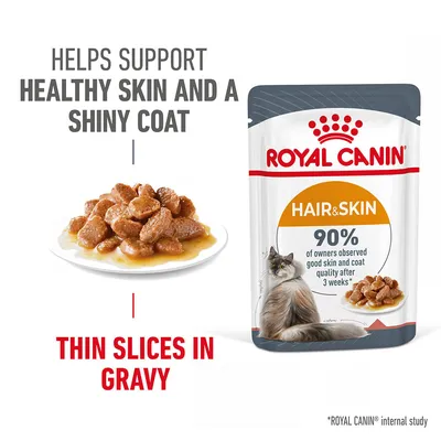 ROYAL CANIN Hair & Skin cat food pouch, text: Helps support healthy skin and a shiny coat, 90% of owners observed good skin and coat quality after 3 weeks, thin slices in gravy