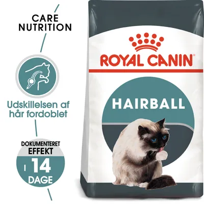 ROYAL CANIN HAIRBALL kattemad, tekst: CARE NUTRITION, Udskillelsen af hår fordoblet, DOKUMENTERET EFFEKT i 14 DAGE, billede af kat på posen