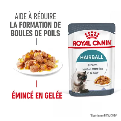ROYAL CANIN Hairball, émincé en gelée. Texte visible : aide à réduire la formation de boules de poils. Sachet avec photo d’un chat et d’une assiette de morceaux en gelée.