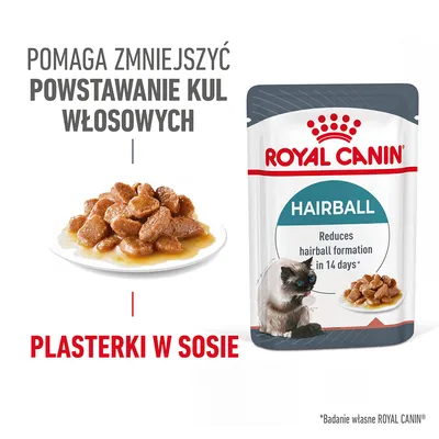ROYAL CANIN Hairball, plasterki w sosie. Pomaga zmniejszyć powstawanie kul włosowych. Reduces hairball formation in 14 days. Na opakowaniu kot i miska z karmą.