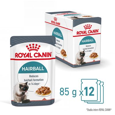 Royal Canin Hairball, plic 85 g, reduce formarea ghemurilor de blană în 14 zile. Pachet cu 12 plicuri. Imagine cu pisică și hrană umedă. Text în engleză pe ambalaj.