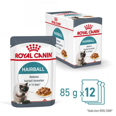 Royal Canin Hairball, plic 85 g, reduce formarea ghemurilor de blană în 14 zile. Pachet cu 12 plicuri. Imagine cu pisică și hrană umedă. Text în engleză pe ambalaj.