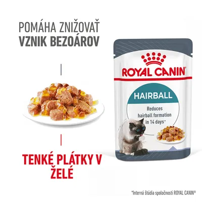 ROYAL CANIN HAIRBALL, tenké plátky v želé, pomáha znižovať vznik bezoárov. Na obrázku balenie krmiva, miska s kúskami a mačka. Text: Reduces hairball formation in 14 days*
