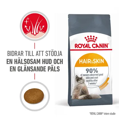 Royal Canin Hair & Skin kattfoderförpackning, text: 'Bidrar till att stödja en hälsosam hud och en glänsande päls', 90 % av ägare observerade god hud och pälskvalitet efter 3 veckor.