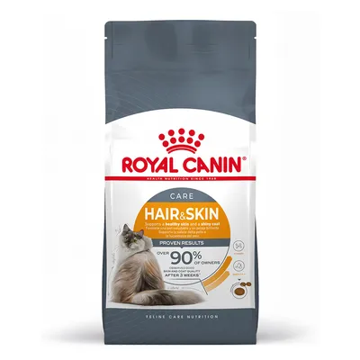 Opakowanie karmy Royal Canin Hair & Skin Care dla kotów, widoczny napis: over 90% of owners observed good skin and coat quality after 3 weeks, zdjęcie kota, ilustracje witamin i krokietów.