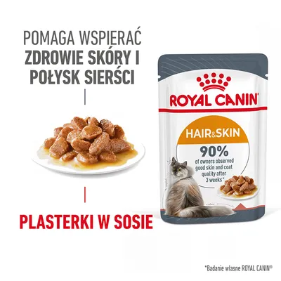 ROYAL CANIN Hair & Skin, plasterki w sosie. Pomaga wspierać zdrowie skóry i połysk sierści. 90% właścicieli zauważyło poprawę po 3 tygodniach. Na opakowaniu kot i miska z karmą.