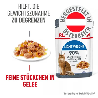 Hilft, die Gewichtszunahme zu begrenzen. Hergestellt in Österreich. Feine Stückchen in Gelee. Light Weight: 90% der Katzen erreichten gesünderes Gewicht in 8 Wochen.