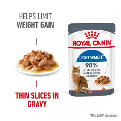 ROYAL CANIN Light Weight cat food pouch, text: Helps limit weight gain, 90% of cats achieved healthier weight in 8 weeks, thin slices in gravy, image of food on plate and cat