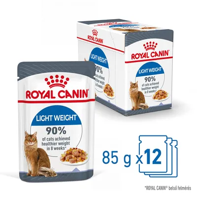 Royal Canin Light Weight macskaeledel, 85 g x 12 tasak. Csomagoláson: 90% of cats achieved healthier weight in 8 weeks. Macskás illusztráció és eledel képe látható.
