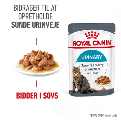 ROYAL CANIN URINARY kattefoder, tekst: Bidrager til at opretholde sunde urinveje. Bider i sovs. Supports a healthy urinary tract in 10 days. Pakke og tallerken med foder synlig.