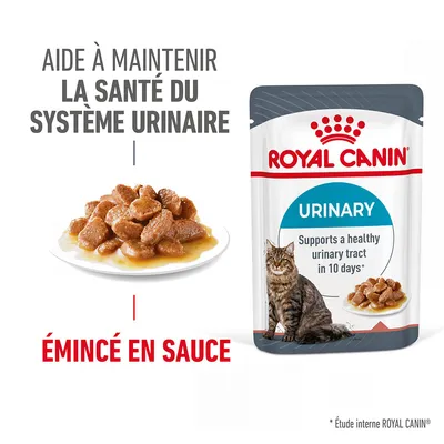 ROYAL CANIN URINARY, émincé en sauce pour chat. Texte visible : aide à maintenir la santé du système urinaire. Supports a healthy urinary tract in 10 days*. ROYAL CANIN URINARY, émincé en sauce pour chat. Texte visible : aide à maintenir la santé du système urinaire. Supports a healthy urinary tract in 10 days*.
