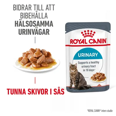 ROYAL CANIN URINARY våtfoder för katt, tunna skivor i sås. Text: Bidrar till att bibehålla hälsosamma urinvägar. Supports a healthy urinary tract in 10 days.