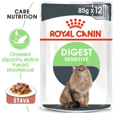 ROYAL CANIN DIGEST SENSITIVE 85g x12, omezení zápachu stolice, vysoká stravitelnost, šťáva, obrázek kočky a porce krmiva. CARE NUTRITION.