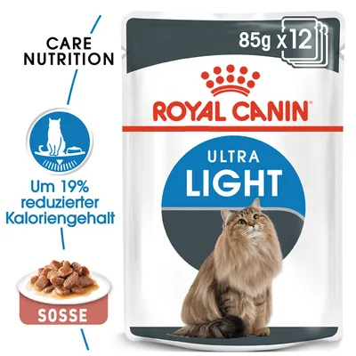 ROYAL CANIN ULTRA LIGHT, 85 g x12. Um 19% reduzierter Kaloriengehalt. Slika mačke i hrane u umaku. Tekst na njemačkom jeziku.