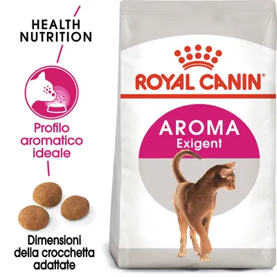 Royal Canin AROMA Exigent, profilo aromatico ideale, dimensioni della crocchetta adattate, immagine di un gatto e crocchette visibili sulla confezione. Royal Canin AROMA Exigent, profilo aromatico ideale, dimensioni della crocchetta adattate, immagine di un gatto e crocchette visibili sulla confezione.