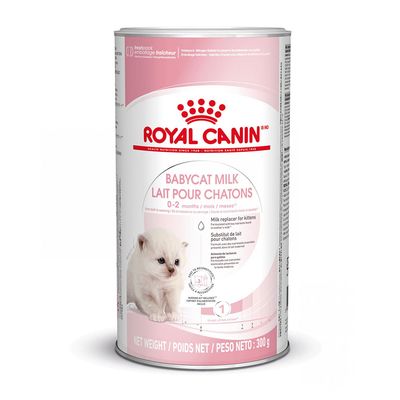 Royal Canin BABYCAT MILK Lait pour chatons 0–2 months. Mælkeerstatning til killinger. Nettovægt: 300 g. Billede af en lille hvid killing på emballagen.