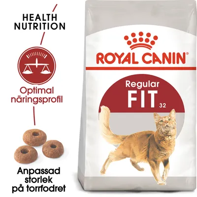 Royal Canin Regular Fit 32 kattfoder, text: Optimal näringsprofil, Anpassad storlek på torrfodret, bild på foderkulor och katt på förpackningen.