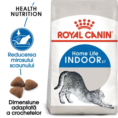 Pachet Royal Canin Home Life Indoor 27, text vizibil: Reducerea mirosului scaunului, Dimensiune adaptată a crochetelor, imagine cu pisică și crochete.