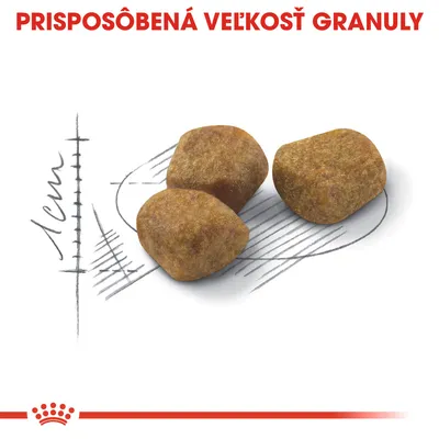 Tri granuly s nápisom „PRISPÔSOBENÁ VEĽKOSŤ GRANULY“ a nákresom veľkosti 1 cm, Royal Canin. Zobrazenie tvaru a rozmeru krmiva.