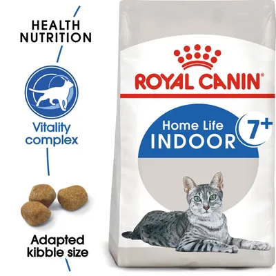 ROYAL CANIN Home Life INDOOR 7+ cat food pack, Health Nutrition, Vitality complex, Adapted kibble size, image of grey tabby cat and three pieces of kibble visible on packaging