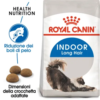 Royal Canin Indoor Long Hair, riduzione dei boli di pelo, dimensioni della crocchetta adattate, confezione con gatto a pelo lungo e tre crocchette visibili.